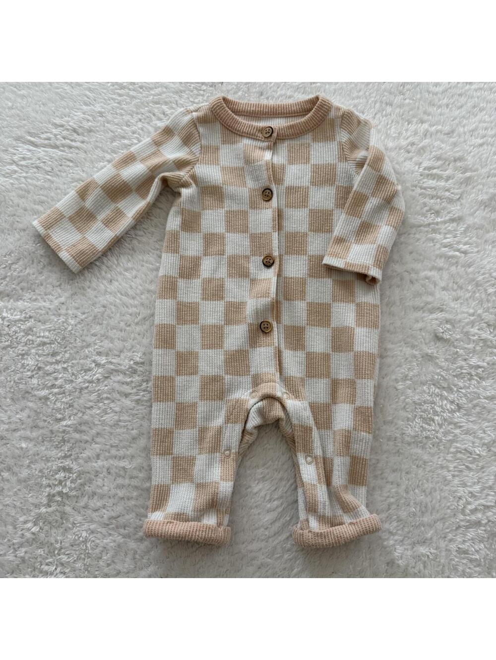 0-3m Neutral Soft Checkered Romper